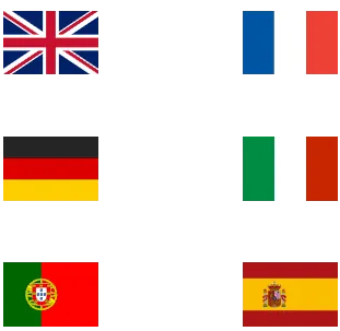 6 drapeaux des langues du jeu, français, anglais, espagnol, portugais, allemand, italien