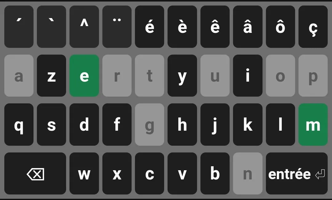 Image of the virtual keyboard colored based on player's attempts